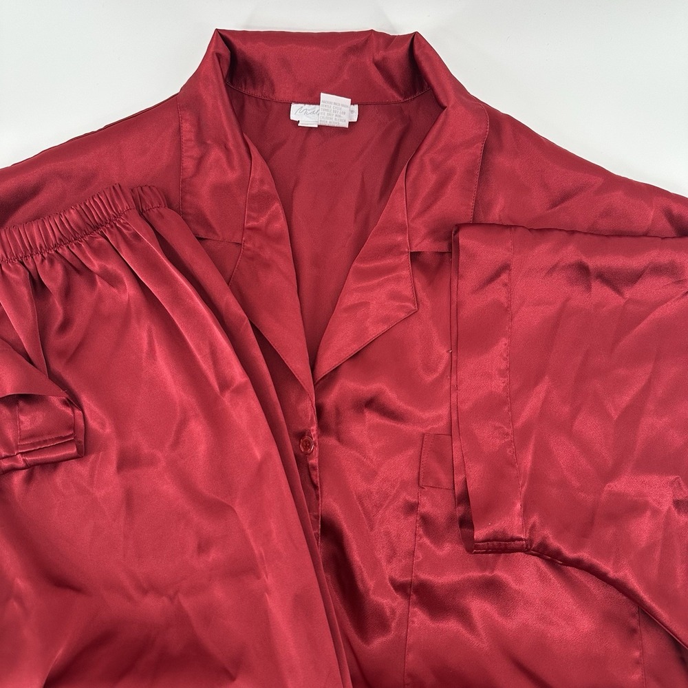 Miss Elaine Vintage Red Satin Brushed Back Pajama Button Up Large Lounge 2 Piece